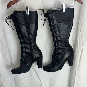 Timberland Black Leather Lace-Up High Heel Boots - 7M
